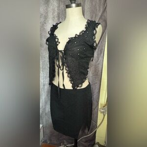 2 Pc Set Eyelet Embroidery Lace Tie Front Crop Top and Mini Skirt Set Summer